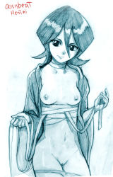 Rule 34 | 1girl, bandages, bleach, breasts, collar, crisisbeat, female focus, gradient background, hair between eyes, kuchiki rukia, looking at viewer, monochrome, nipples, open clothes, open robe, panties, panties around thighs, pussy, robe, sketch, solo, uncensored, underwear, white background