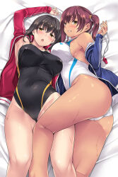 Rule 34 | 2girls, ass, black hair, black one-piece swimsuit, blue jacket, blush, breasts, brown eyes, brown hair, collarbone, commentary request, competition swimsuit, covered navel, dark-skinned female, dark skin, grin, hair tie, highleg, jacket, large breasts, long hair, lying, mizuhara yuu, multiple girls, on back, on side, one-piece swimsuit, open mouth, original, red jacket, shiny skin, sideboob, smile, swimsuit, thighs, twintails, whistle, white one-piece swimsuit, yellow eyes