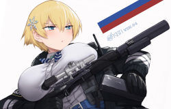 Rule 34 | 1girl, belt, black gloves, black jacket, blonde hair, blue belt, blue bow, blue bowtie, blue eyes, blue skirt, bow, bowtie, breasts, buckle, collared shirt, girls&#039; frontline, gloves, gun, hair between eyes, hair ornament, highres, jacket, large breasts, laser sight, light blush, looking to the side, magazine (weapon), mishima hiroji, mole, mole under eye, open mouth, radio, ribbon, rifle, russian flag, russian text, scope, shirt, shirt tucked in, short hair, sidelocks, skirt, snap-fit buckle, sniper rifle, snowflake hair ornament, solo, striped bow, striped bowtie, striped clothes, suppressor, taut clothes, taut skirt, underwear, vsk-94, vsk-94 (girls&#039; frontline), weapon, white shirt