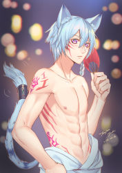 Rule 34 | 1boy, animal ear fluff, animal ears, blue hair, blurry, blurry background, body markings, braid, closed mouth, collarbone, crash fever, dated, enkidu (crash fever), facial mark, fingernails, hair between eyes, hand fan, hand on own hip, holding, holding fan, jewelry, light blue hair, looking at viewer, male focus, navel, nipples, purple eyes, signature, slit pupils, solo, tail, tail ornament, tail ring, tenjou tsuki, topless male