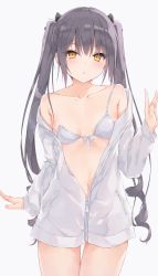 Rule 34 | 1girl, absurdres, bare shoulders, bikini, bikini under clothes, blush, breasts, breasts apart, collarbone, cowboy shot, grey hair, hand up, highres, jacket, kakoto, long hair, long sleeves, looking at viewer, off shoulder, open clothes, open jacket, original, parted lips, partially unzipped, simple background, small breasts, solo, swimsuit, thigh gap, twintails, very long hair, white background, white bikini, white jacket, yellow eyes, zipper pull tab