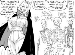 Rule 34 | 1girl, 3boys, absurdres, ascot, bb (baalbuddy), blush, breasts, cloak, comic, english text, fangs, heart, high collar, highres, large breasts, multiple boys, open mouth, original, simple background, skeleton, skull, speech bubble, vampire, western comics (style), white background