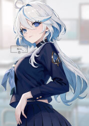 Rule 34 | 1girl, absurdres, alternate costume, artist name, blue eyes, blue hair, blue sailor collar, blue serafuku, blue shirt, blue skirt, blurry, blurry background, breasts, colored inner hair, cowlick, drop-shaped pupils, from side, furina (genshin impact), genshin impact, grey hair, hair between eyes, heterochromia, highres, lips, long hair, looking to the side, medium breasts, midriff peek, mismatched pupils, multicolored hair, neckerchief, parted lips, pleated skirt, sailor collar, school uniform, serafuku, shirt, sidelocks, skirt, solo, streaked hair, symbol-shaped pupils, ume dk, upper body