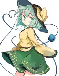 Rule 34 | 1girl, aqua eyes, aqua hair, black hat, blouse, blush, buttons, closed mouth, collared shirt, commentary request, cowboy shot, diamond button, expressionless, eyeball, frilled shirt collar, frilled sleeves, frills, green skirt, hat, hat ribbon, heart, heart of string, highres, komeiji koishi, long sleeves, looking at viewer, looking to the side, medium hair, medium skirt, paragasu (parags112), ribbon, shirt, sidelocks, simple background, skirt, sleeves past fingers, sleeves past wrists, solo, standing, third eye, touhou, wavy hair, white background, wide sleeves, yellow ribbon, yellow shirt