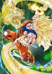 Rule 34 | 1boy, aqua eyes, artist request, aura, blue sash, blue shirt, boots, clenched hand, closed mouth, dougi, dragon, dragon ball, dragon fist, dragonball z, full body, highres, incoming attack, injury, jumping, long hair, looking at viewer, muscular, muscular male, no eyebrows, open mouth, sash, serious, shirt, solo, son goku, spiked hair, standing, super saiyan, super saiyan 3, torn clothes, very long hair