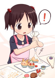 Rule 34 | !, 1girl, :3, accident, apron, bad id, bad pixiv id, baking, blue shirt, bow, brown eyes, brown hair, child, collarbone, cookie, cupcake, eyebrows, food, fruit, hair bobbles, hair ornament, icing, mika-shi, open mouth, original, pastry bag, pink apron, shirt, short hair, short sleeves, short twintails, sprinkles, strawberry, twintails