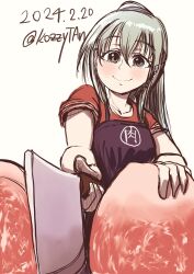 Rule 34 | 1girl, alternate costume, apron, black apron, cleaver, dated, food, grey eyes, grey hair, highres, holding, kantai collection, kozzy.ta, meat, simple background, sleeves rolled up, smile, solo, suzuya (kancolle), twitter username, upper body, white background