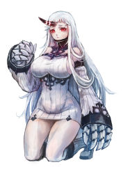 Rule 34 | 10s, 1girl, abyssal ship, blush, breasts, claws, detached sleeves, dress, female focus, horns, kantai collection, kemi neko, large breasts, long hair, matatabi (natur umwelt), red eyes, ribbed dress, seaport princess, short dress, sideboob, simple background, single horn, solo, very long hair, white hair