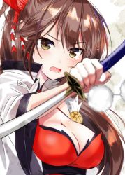 Rule 34 | 1girl, azur lane, bad id, bad pixiv id, blush, breasts, brown eyes, brown hair, cleavage, commentary request, dress, foreshortening, hair ornament, hair over one eye, hair ribbon, highres, holding, holding sword, holding weapon, japanese clothes, kamakura (abcd-1111-58), katana, large breasts, long hair, long sleeves, looking at viewer, ponytail, ribbon, solo, sword, very long hair, weapon, wide sleeves, zuikaku (azur lane)