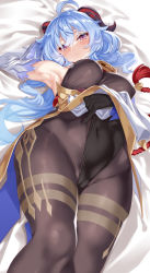 Rule 34 | 1girl, ahoge, arm up, armpits, bare shoulders, bed sheet, bell, black gloves, blue hair, blush, bodystocking, breasts, cameltoe, cle masahiro, cleft of venus, clothes lift, cowbell, detached sleeves, ganyu (genshin impact), genshin impact, gloves, goat horns, gold trim, half-closed eyes, highres, horns, large breasts, lifting own clothes, long hair, long sleeves, looking at viewer, lying, medium breasts, on back, on bed, purple eyes, sidelocks, solo, thighs