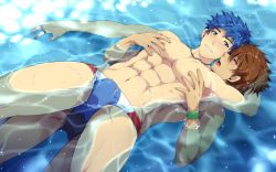 Rule 34 | 2boys, abs, beach, blush, erection, kiss, licking, male focus, mazjojo, multiple boys, muscular, ocean, partially submerged, pectorals, penis, sex, topless male, summer, swimsuit, tongue, water, wet, wince, yaoi