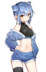 Rule 34 | 1girl, bare shoulders, black shirt, black thighhighs, blue hair, blue jacket, blue shorts, breasts, collarbone, cone hair bun, contrapposto, cowboy shot, crop top, dolphin shorts, double bun, earrings, groin, hair bun, hand on own hip, highres, jacket, jewelry, long sleeves, looking at viewer, medium breasts, midriff, multicolored hair, navel, off shoulder, open clothes, open jacket, orange eyes, original, pout, se.a, shirt, short hair, short shorts, shorts, sidelocks, simple background, single thighhigh, sleeveless, sleeveless shirt, sleeveless turtleneck, solo, standing, stomach, streaked hair, thick eyebrows, thighhighs, thighs, turtleneck, white background