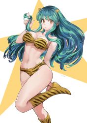 Rule 34 | 1girl, absurdres, animal print, bikini, boots, breasts, commentary request, cone horns, green hair, highres, horns, jun (navigavi), long hair, looking at viewer, lum, medium breasts, navel, oni, pointy ears, smile, solo, strapless, swimsuit, tiger print, urusei yatsura