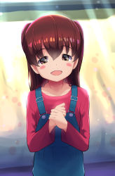 Rule 34 | 1girl, blurry, blurry background, blush stickers, brown eyes, child, collarbone, commentary, english commentary, half-closed eyes, highres, long hair, long sleeves, looking at viewer, original, overalls, own hands together, qm, red hair, red shirt, shirt, skirt, smile, suspender skirt, suspenders