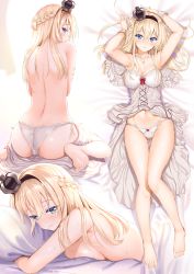 Rule 34 | 10s, 1girl, aldehyde, alternate costume, armpits, arms up, ass, barefoot, bed, bed sheet, blonde hair, blue eyes, blush, braid, breast press, breasts, camisole, cleavage, clothes pull, collarbone, colored eyelashes, covering privates, covering breasts, crown, cushion, dress pull, artistic error, eyes visible through hair, french braid, from behind, full body, gluteal fold, hair between eyes, hairband, highres, kantai collection, knees together feet apart, large breasts, light smile, lingerie, lips, long hair, looking at viewer, looking back, lying, medium breasts, mini crown, multiple views, navel, nightgown, hugging object, on back, on side, on stomach, panties, parted lips, pillow, pillow hug, profile, revision, sideboob, sitting, smile, soles, thighs, toes, topless, underwear, underwear only, wariza, warspite (kancolle), white panties, wrist cuffs