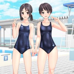 Rule 34 | 2girls, absurdres, black hair, black one-piece swimsuit, blue sky, breasts, brown eyes, cameltoe, cloud, collarbone, commentary request, competition school swimsuit, covered navel, day, feet out of frame, highres, lifeguard chair, logo, looking at viewer, low twintails, multiple girls, new school swimsuit, one-piece swimsuit, original, outdoors, pool, poolside, school swimsuit, short hair, sky, small breasts, starting block, swimsuit, takafumi, twintails, v