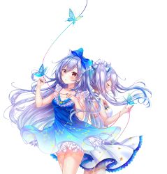 Rule 34 | 2girls, absurdres, aoba project, aoba rena, back-to-back, bare hips, blue bow, blue butterfly, blue dress, blue nails, bow, bug, butterfly, cancer (constellation), capricorn (constellation), closed eyes, collarbone, constellation print, cowboy shot, dress, floating hair, gemini (constellation), hair between eyes, hair bow, highres, insect, long hair, multiple girls, nail polish, parted lips, print dress, red eyes, red ribbon, ribbon, sakura moyon, silver hair, simple background, sleeveless, sleeveless dress, standing, twintails, very long hair, white background, white bow, white dress