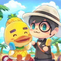 Rule 34 | 2boys, :3, ^ ^, animal crossing, animal feet, argyle, argyle clothes, argyle shirt, ball, beach, beachball, beak, bird boy, black-framed eyewear, black bow, black bowtie, black hair, black jacket, black pants, blue eyes, blue sky, blush, blush stickers, body fur, bottomless, bow, bowtie, buttons, closed eyes, closed mouth, cloud, coconut, coconut tree, collared shirt, day, fisheye, food, fuji sono, full body, furry, furry male, hands up, happy, hat, highres, holding, holding food, holding hands, holding popsicle, innertube, jacket, joey (animal crossing), long sleeves, looking at viewer, male focus, monocle, multiple boys, nintendo, ocean, open mouth, outdoors, palm tree, pants, pocket square, popsicle, safari hat, sand, shirt, short hair, sitting, sky, sleeveless, sleeveless shirt, smile, standing, swim ring, thick eyebrows, traditional bowtie, tree, two-tone fur, villager (animal crossing), water, white fur, white headwear, white shirt, wings, yellow fur, yellow headwear, yellow shirt