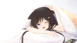 Rule 34 | 1girl, animal ears, arm up, bare arms, bare shoulders, black hair, blush, cat ears, cellphone, commentary request, fang, fufumi, futon, hair ornament, hairclip, highres, lying, messy hair, on stomach, one eye closed, open mouth, original, phone, pillow, purple eyes, signature, solo, translation request, under covers, white background