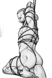 Rule 34 | 1boy, armpits, ass, ass focus, bara, bdsm, between buttocks, bondage, bound, buzz cut, chain, chained, character request, completely nude, dorohedoro, feet out of frame, greyscale, highres, looking at viewer, male focus, monochrome, muscular, muscular male, nipples, nude, short hair, sideburns, sketch, smokerichi, solo, thick thighs, thighs, very short hair