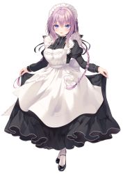 Rule 34 | 1girl, apron, blush, braid, breasts, clothes lift, dress, dress lift, eyebrows hidden by hair, feet, female focus, full body, game cg, happy, highres, large breasts, light blush, long sleeves, looking at viewer, maid, maid headdress, open mouth, original, pink hair, pocket, puffy long sleeves, puffy sleeves, purple eyes, rubi-sama, shoes, smile, solo, standing, tachi-e, thighhighs, transparent background, twin braids