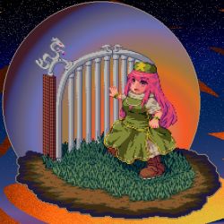 Rule 34 | 1girl, alternate eye color, boots, gate, grass, hat, hong meiling, kisasage kouta, long hair, lowres, night, open mouth, pants, pixel art, red eyes, red hair, short sleeves, solo, star (sky), star (symbol), touhou, wristband