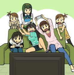 Rule 34 | 00s, 6+girls, :q, amami haruka, arms up, b suke, black hair, bow, bowtie, brown hair, casual, constricted pupils, controller, couch, denim, female focus, futami ami, futami mami, game console, game controller, ganaha hibiki, green hair, green upholstery, grin, hair bow, hairband, head rest, hooded t-shirt, idolmaster, idolmaster (classic), idolmaster sp, jeans, kikuchi makoto, leaning, leggings, long hair, mole, mole under mouth, multiple girls, nintendo, open mouth, otonashi kotori, pants, playing games, pointing, shirt, shoes, short hair, shorts, siblings, sisters, smile, striped clothes, striped shirt, sweatdrop, television, tongue, tongue out, twins, video game, white footwear, wii u