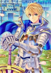 Rule 34 | 1boy, armor, arthur pendragon (fate), blonde hair, blue cloak, castle, cloak, day, fate/grand order, fate/prototype, fate (series), faulds, gauntlets, grass, greaves, green eyes, hachi78b, hands on hilt, highres, light smile, looking at viewer, male focus, marker (medium), outdoors, pauldrons, petals, shoulder armor, solo, sword, traditional media, upper body, weapon, wind