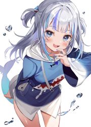 Rule 34 | 1girl, bent over, blue eyes, blue nails, blue shirt, blush, commentary request, fins, fish tail, gawr gura, gawr gura (1st costume), hair ornament, highres, hololive, hololive english, hood, hood down, hoodie, kanda done, long sleeves, looking at viewer, multicolored hair, nail polish, no pants, shark hair ornament, shark tail, sharp teeth, shirt, short twintails, sidelocks, simple background, solo, standing, streaked hair, tail, teeth, thighs, twintails, virtual youtuber, white background, white hair, wide sleeves