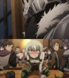 Rule 34 | 10s, 2girls, animated, animated gif, armor, blonde hair, blue eyes, breasts, elf, eye contact, goblin slayer, goblin slayer!, green eyes, helmet, high elf archer (goblin slayer!), indoors, looking at another, looking at viewer, multiple boys, multiple girls, night, out of frame, pointy ears, priestess (goblin slayer!), silver hair, small breasts, table