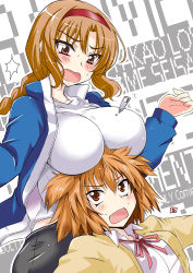 Rule 34 | 2girls, aoi manabu, blush, breast rest, breasts, breasts on head, brown hair, bursting breasts, d-frag!, hairband, jacket, kazama noe, large breasts, long sleeves, looking down, looking up, multiple girls, neck ribbon, open mouth, orange hair, red eyes, ribbon, school uniform, sweat, takao (d-frag!), track jacket, zipper