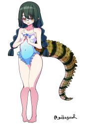 Rule 34 | 1girl, absurdres, artist name, blue-framed eyewear, blue one-piece swimsuit, colored eyelashes, crocodilian tail, frilled one-piece swimsuit, frills, full body, glasses, green hair, hands up, highres, long hair, looking to the side, low twintails, mikagura, one-piece swimsuit, open mouth, original, pointy ears, reptile girl, round eyewear, simple background, slit pupils, solo, standing, swimsuit, tail, twintails, twitter username, white background, yellow eyes