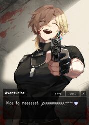 Rule 34 | 1boy, 625light, :d, ^ ^, absurdres, aiming, aiming at viewer, aventurine (honkai: star rail), black gloves, black shirt, blonde hair, blood, blood on face, blood splatter, character name, chest harness, closed eyes, commentary, crossed bangs, dog tags, earpiece, english commentary, english text, fingerless gloves, gloves, gun, hair between eyes, hair intakes, handgun, harness, heart, highres, holding, holding gun, holding weapon, honkai: star rail, honkai (series), jewelry, male focus, necklace, official alternate costume, open mouth, outstretched arm, outstretched hand, parted bangs, pectorals, shirt, short hair, short sleeves, smile, solo, teeth, turtleneck, upper body, upper teeth only, visual novel, weapon