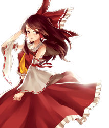 Rule 34 | 1girl, absurdres, ascot, bow, brown hair, detached sleeves, hair bow, hair tubes, hakurei reimu, hand on own head, highres, light smile, long hair, looking at viewer, midriff, parted lips, rain (icetuofei), red eyes, ribbon-trimmed sleeves, ribbon trim, sarashi, sidelocks, simple background, skirt, skirt set, solo, touhou, white background, wind