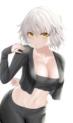 Rule 34 | &gt;:), 1girl, absurdres, arm behind back, bandeau, black pants, black shirt, breasts, cleavage, collarbone, commentary request, fate/grand order, fate (series), hair between eyes, highres, itijo sibuki, jeanne d&#039;arc alter (fate), large breasts, long sleeves, looking at viewer, midriff, navel, open clothes, open shirt, pants, shirt, short hair, simple background, sleeves past wrists, solo, stomach, strapless, tube top, upper body, v-shaped eyebrows, white background, white hair, yellow eyes