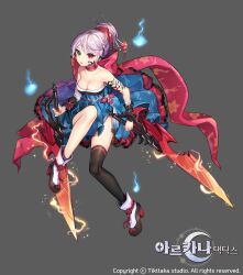 Rule 34 | 1girl, arcana tactics, armlet, blue dress, bow, breasts, character request, cleavage, copyright notice, dress, facial tattoo, green eyes, grey background, hair bun, hanbok, heterochromia, holding, holding sword, holding weapon, korean clothes, lerome, logo, looking at viewer, medium breasts, official art, red bow, red eyes, simple background, single thighhigh, solo, sword, tattoo, thighhighs, weapon