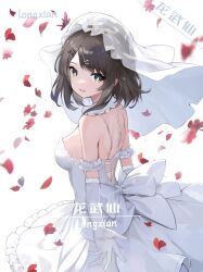 Rule 34 | 1girl, artist name, backless dress, backless outfit, bare shoulders, breasts, bridal veil, bride, brown eyes, brown hair, copyright request, dress, elbow gloves, frilled dress, frills, gloves, highres, long wuxian, looking at viewer, looking to the side, medium breasts, petals, see-through, simple background, smile, solo, swept bangs, veil, wedding dress, white background, white dress, white gloves