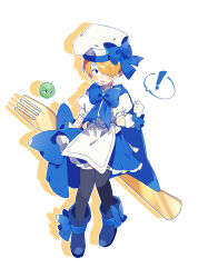 Rule 34 | !, 1boy, absurdres, aged down, apron, black socks, blonde hair, blue bow, blue eyes, blue footwear, blue skirt, blush, boots, bow, chef hat, clenched hand, commentary request, crossdressing, curly eyebrows, fork, gloves, hair over one eye, hat, hat bow, highres, holding, holding fork, kneehighs, long bangs, male focus, marimo zoro, moss, natori, one piece, open mouth, puffy short sleeves, puffy sleeves, sanji (one piece), scar, scar across eye, scar on face, shadow, short hair, short sleeves, simple background, skirt, socks, spoken exclamation mark, sweat, sweatdrop, white background, white gloves