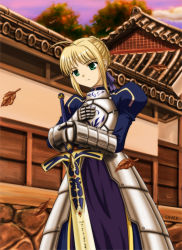 Rule 34 | 1girl, architecture, armor, armored dress, artoria pendragon (fate), autumn, bad id, bad pixiv id, blonde hair, breastplate, east asian architecture, fate/stay night, fate (series), faulds, gauntlets, green eyes, hair ribbon, leaf, ribbon, saber (fate), saver99, saver (artbysaver), solo, standing, sword, weapon
