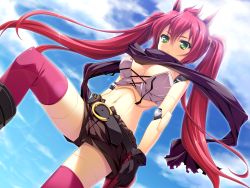 Rule 34 | 1girl, android, belt, cloud, day, dutch angle, from below, game cg, green eyes, highres, joints, lens flare, long hair, looking down, midriff, mio (otomimi infinity), navel, no bra, otomimi infinity, pink thighhighs, red hair, robot joints, scarf, short shorts, shorts, sky, solo, thighhighs, twintails, yasaka minato