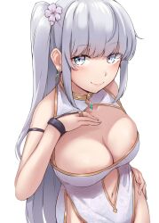 Rule 34 | 1girl, absurdres, armband, black armband, breasts, cleavage, closed mouth, collarbone, dress, earrings, flower, fuyutsuki (kancolle), gold trim, grey eyes, grey hair, hair flower, hair ornament, hand on own chest, highres, jewelry, kantai collection, kiritto, long hair, looking at viewer, medium breasts, navel, revealing clothes, side ponytail, simple background, smile, solo, very long hair, white background, white dress