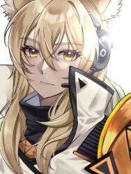 Rule 34 | 1girl, 55oyatu, animal ear fluff, animal ears, arknights, black scarf, blonde hair, closed mouth, coat, collar, collared coat, crossed bangs, expressionless, hair between eyes, headset, highres, horse ears, horse girl, implied extra ears, long hair, looking at viewer, nearl (arknights), nearl the radiant knight (arknights), orange eyes, portrait, scarf, simple background, solo, white background, white coat