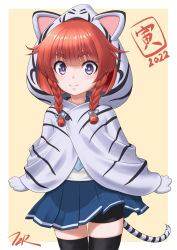 Rule 34 | 1girl, adapted costume, animal ears, animal hands, animal hood, bike shorts, black shorts, black thighhighs, blue necktie, blue skirt, bob cut, braid, cape, etorofu (kancolle), gloves, grey background, highres, hood, kantai collection, looking at viewer, necktie, paw gloves, pleated skirt, purple eyes, red hair, shorts, shorts under skirt, side braid, simple background, skirt, solo, standing, t2r, tail, thick eyebrows, thighhighs, tiger ears, tiger hood, tiger tail, twin braids, white cape, white gloves, white tiger print