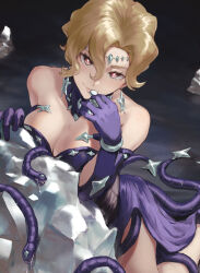 Rule 34 | 1girl, alternate costume, bare shoulders, blonde hair, breasts, briar (pokemon), brown eyes, cleavage, closed mouth, collar, commentary request, creatures (company), dress, earrings, elbow gloves, eyelashes, game freak, gloves, hair between eyes, hands up, highres, jewelry, jojobirdz, looking at viewer, medium breasts, nintendo, pokemon, pokemon sv, purple dress, purple gloves, short hair, smile, solo