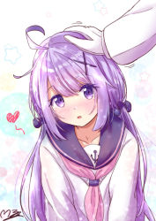 Rule 34 | 1girl, ahoge, anchor symbol, azur lane, blush, collarbone, commander (azur lane), commentary request, gloves, gradient background, hair ornament, head tilt, headpat, long sleeves, looking at viewer, low twintails, m ko (maxft2), military, military uniform, naval uniform, official alternate costume, out of frame, parted lips, pov, purple eyes, purple hair, school uniform, serafuku, signature, simple background, twintails, unicorn (long-awaited date) (azur lane), unicorn (azur lane), uniform, v arms, white gloves, x hair ornament