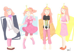 Rule 34 | 1girl, adventure time, boots, champagne flute, coat, cup, dress, drinking glass, eyewear on head, flower, glasses, hair bun, hands in pockets, holding, holding cup, jacket, kome (micix), lab coat, pants, pink dress, pink footwear, pink hair, pink jacket, pink pants, ponytail, princess, princess bonnibel bubblegum, red footwear, science parasite, solo, tiara, white coat