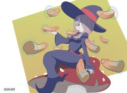 Rule 34 | 10s, 1boy, 1girl, brown hair, disembodied penis, hat, licking, little witch academia, long hair, multiple penises, mushroom, penis, red eyes, sitting, spicy bardo, sucy manbavaran, tongue, uncensored, witch, witch hat