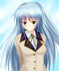 Rule 34 | 1girl, angel beats!, arms behind back, blush, breasts, closed mouth, commentary, commentary request, hair ornament, hairclip, highres, jacket, key (company), long hair, long sleeves, looking at viewer, ribbon, school uniform, serafuku, shirt, simple background, skirt, solo, sumeshi (4165), tenshi (angel beats!), upper body, white background, white shirt, yellow eyes