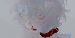 Rule 34 | 1girl, absurdres, bandaid, bandaid on face, bare shoulders, blood, bug, cicada, close-up, collar, eyepatch, grey background, highres, insect, li xueyao, medical eyepatch, moth, nosebleed, open mouth, original, red collar, short hair, simple background, sketch, solo, teeth, white eyes, white hair