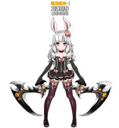 Rule 34 | 1girl, animal ears, bad id, bad pixiv id, rabbit ears, dress, dual wielding, elbow gloves, elin, flower, gloves, grey hair, hair flower, hair ornament, holding, korean text, long hair, mary janes, ndgd, purple eyes, shoes, short dress, smile, solo, tail, tera online, thighhighs, weapon, zettai ryouiki